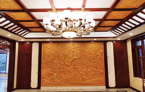 洋浦经济开发区中式别墅客厅中式木作横梁吊顶装饰展示