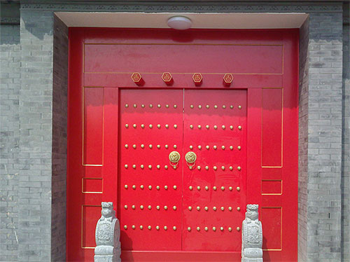洋浦经济开发区中国传统四合院系列朱红色中式木制大门木作